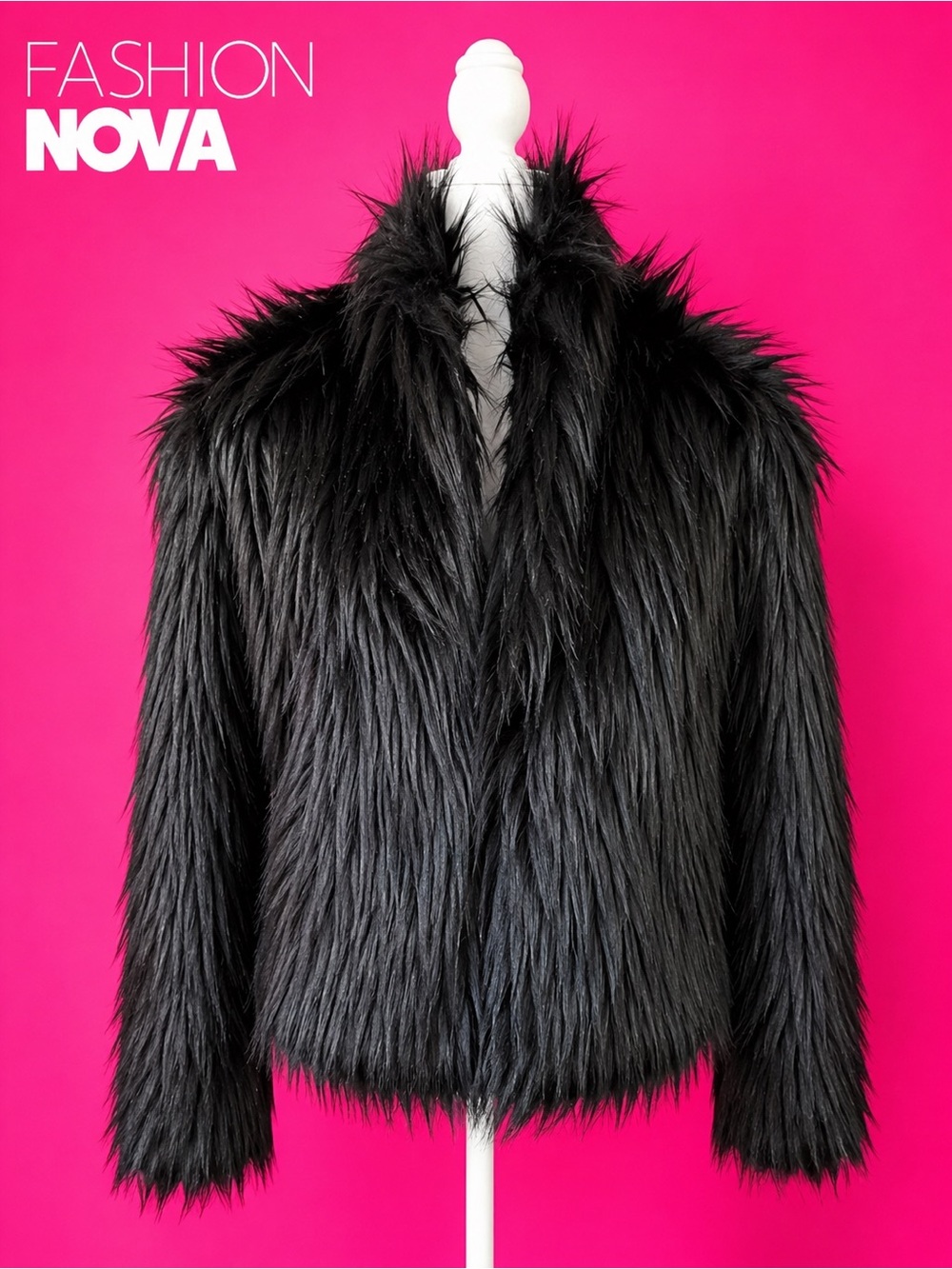 Fashion Nova Fernanda Black Faux Fur Coat Jacket Size Medium NWT Glam FJK02